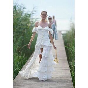 New Raisa Vanessa Draped Off-The-Shoulder Ruffled White Maxi Dress NWT